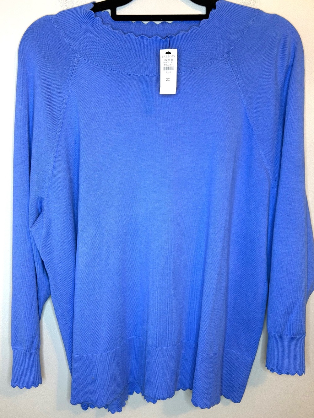 NWT Talbots Plus 2X Blue Scallop Trim Raglan Sleeve Sweater Cotton Blend